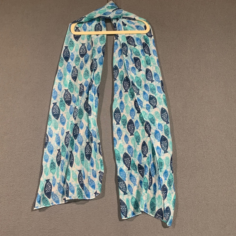 Greenbrier International Blue Teal Fish Print Lightweight Scarf Nautical Coastal